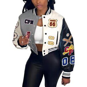 Women's Varsity Jacket with Patches Print Cropped Bomber Leather Jacket A-Grey